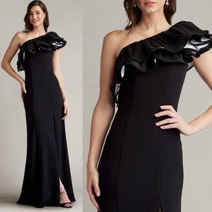 NWT Tadashi Shoji Elegant Black  White One-Shoulder Ruffle Dress Slits